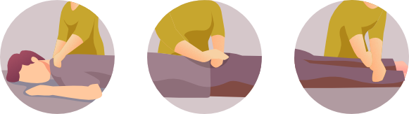 Différentes étapes d'une séance de réflexologie cranio-sacrée douce, ostéopathie fluidique douce à Romagnat proche Beaumont.