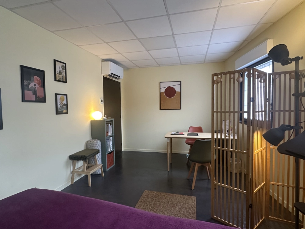Vue de l'intérieur du cabinet de kinésiologie d'Audrey Morenne, un espace calme, confortable et accueillant.